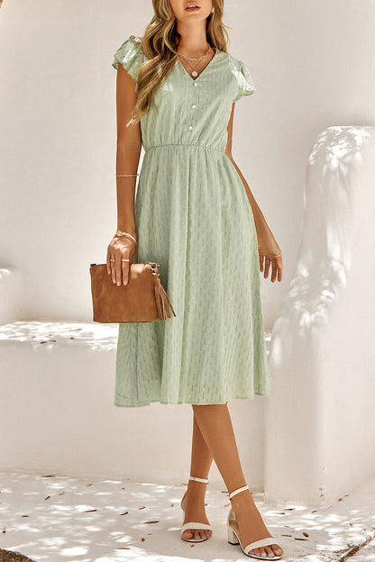 Clip Dot V-Neck Button Front Flutter Sleeve Cinched Waist A-Line Midi Dress