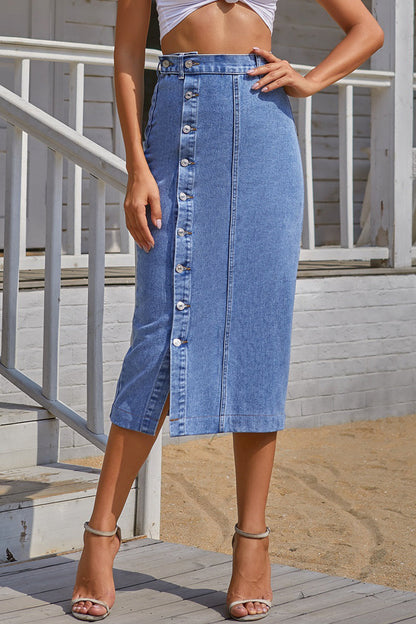Elegant Solid Buckle Slit High Waist Pencil Solid Color Bottoms(5 Colors)