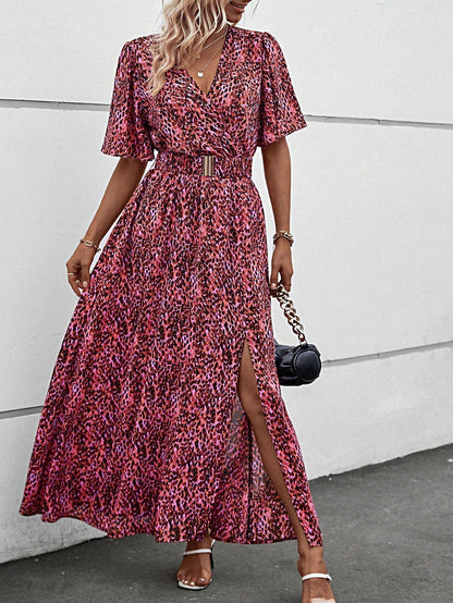 Print Wrap V-Neck Flutter Sleeve Belted High-Slit Maxi Dress