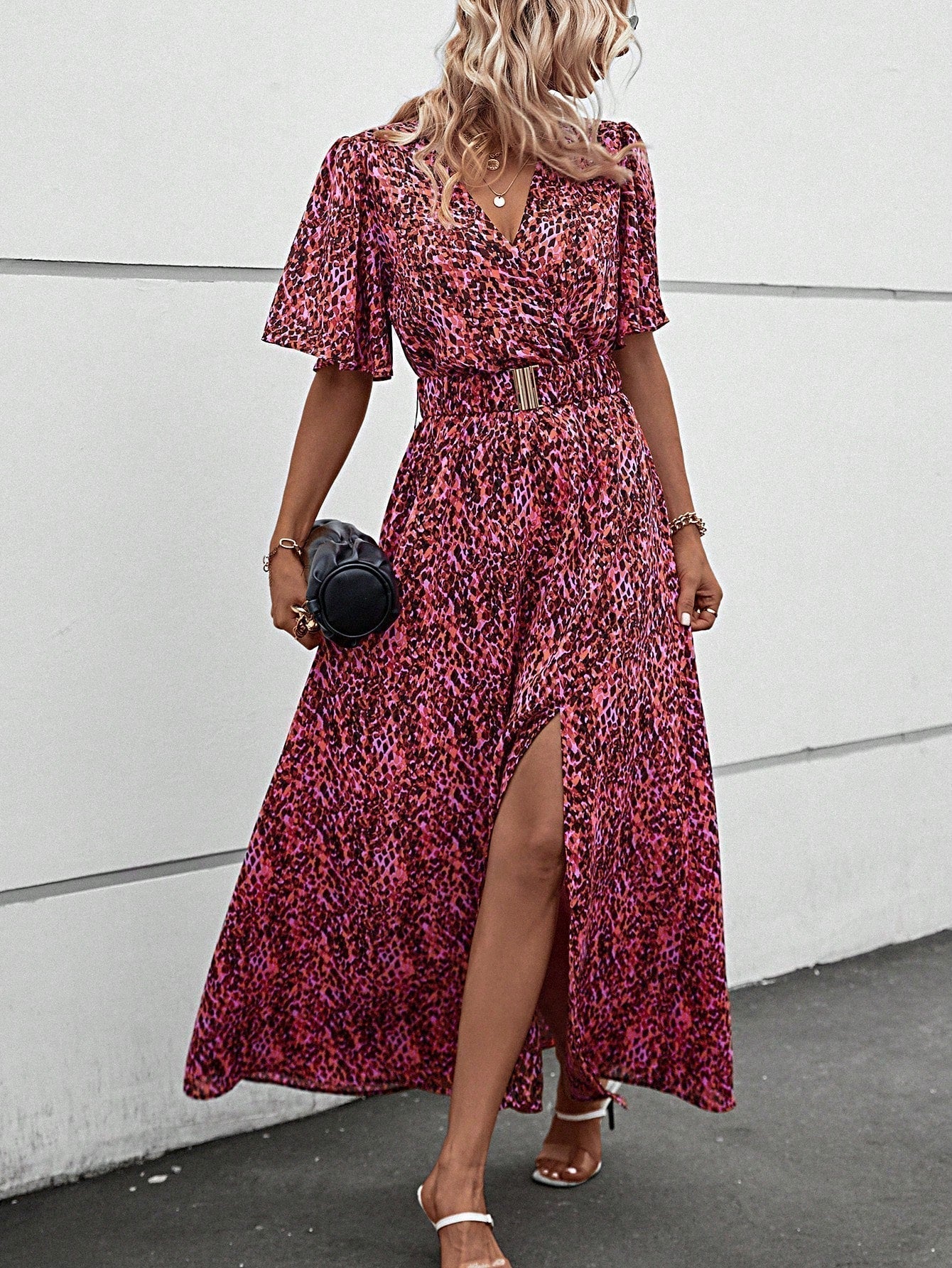 Print Wrap V-Neck Flutter Sleeve Belted High-Slit Maxi Dress