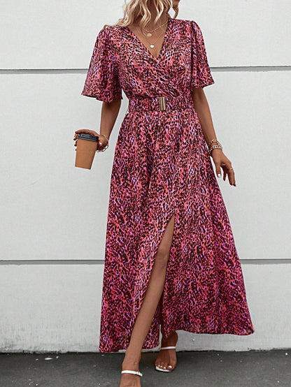 Print Wrap V-Neck Flutter Sleeve Belted High-Slit Maxi Dress
