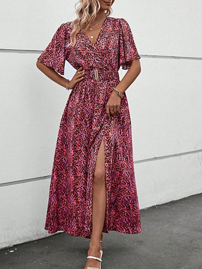 Print Wrap Flutter Sleeve Belted High Slit Maxi Dress