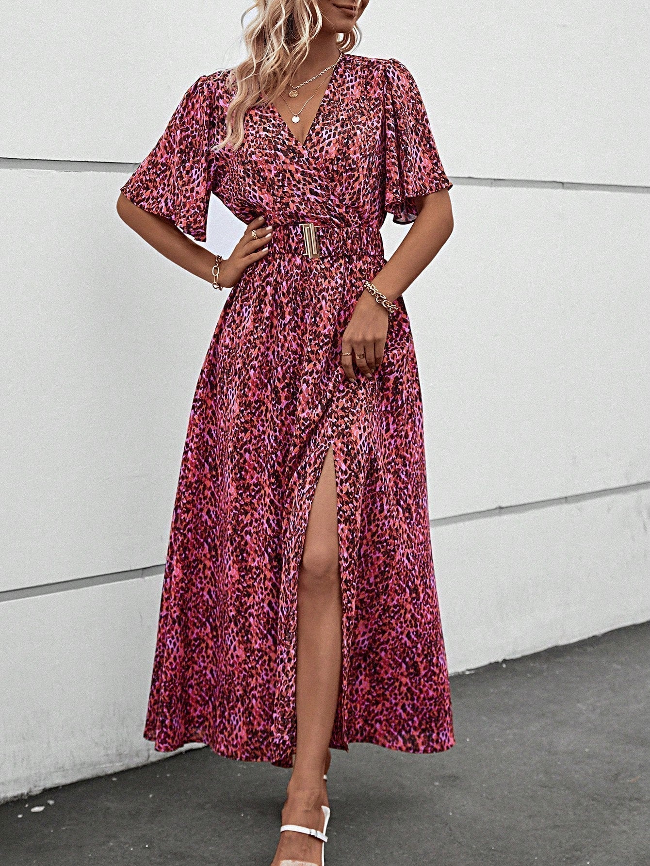 Print Wrap V-Neck Flutter Sleeve Belted High-Slit Maxi Dress
