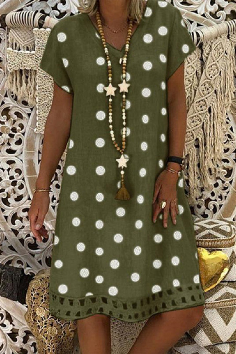 Women V-Neck Short Sleeve Hollow Polka Dot Summer Dress(10 Colors)
