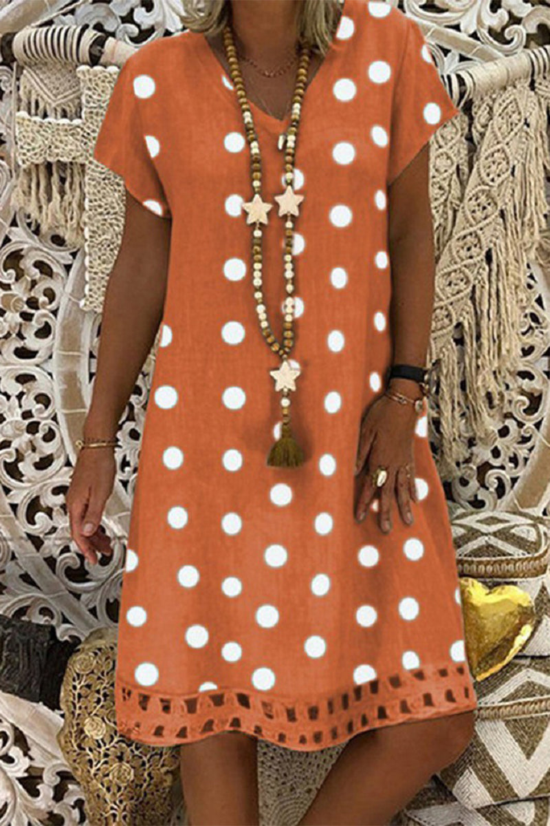 Women V-Neck Short Sleeve Hollow Polka Dot Summer Dress(10 Colors)