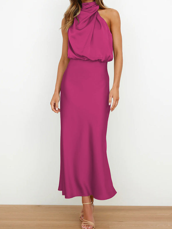 Sleeveless Solid Color Halter-Neck Midi Dresses