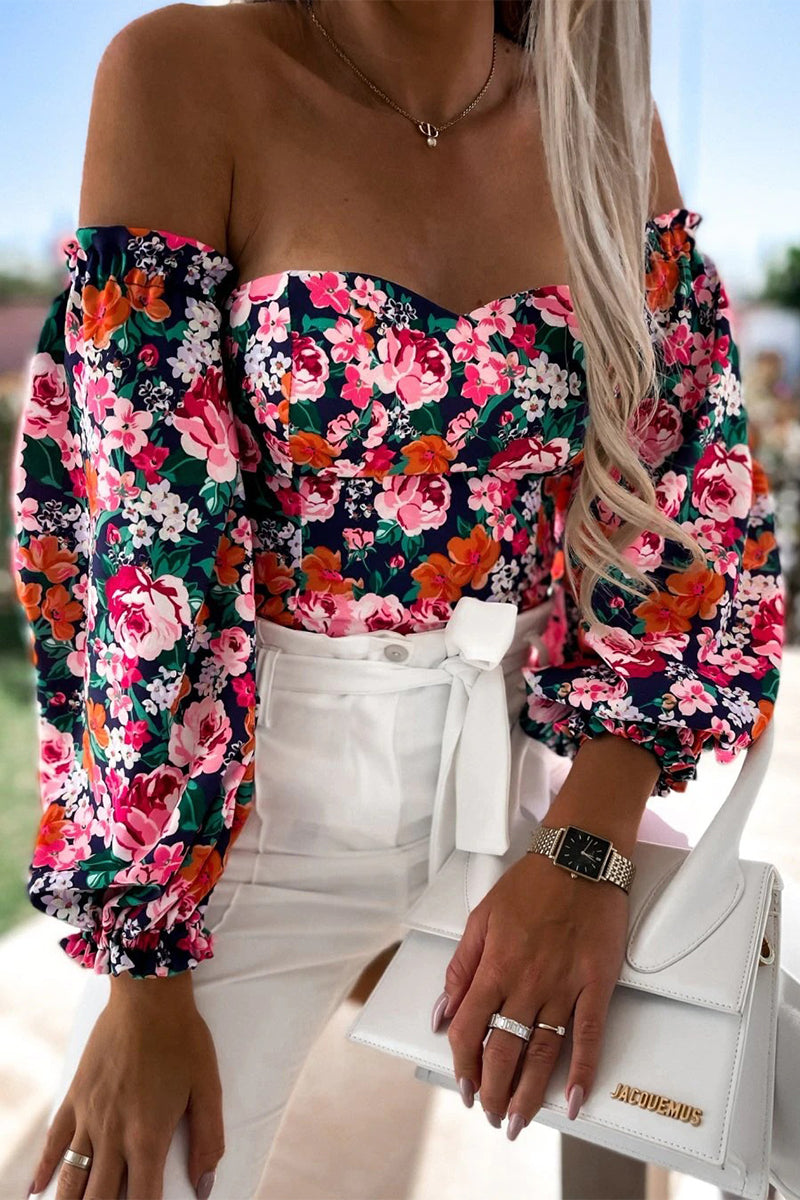 Sweet Elegant Print Printing Off the Shoulder Tops(8 Colors)