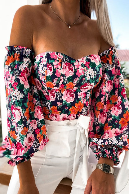 Sweet Elegant Print Printing Off the Shoulder Tops(8 Colors)