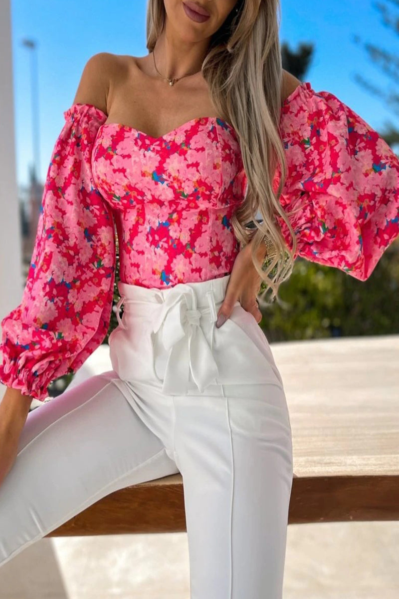 Sweet Elegant Print Printing Off the Shoulder Tops(8 Colors)