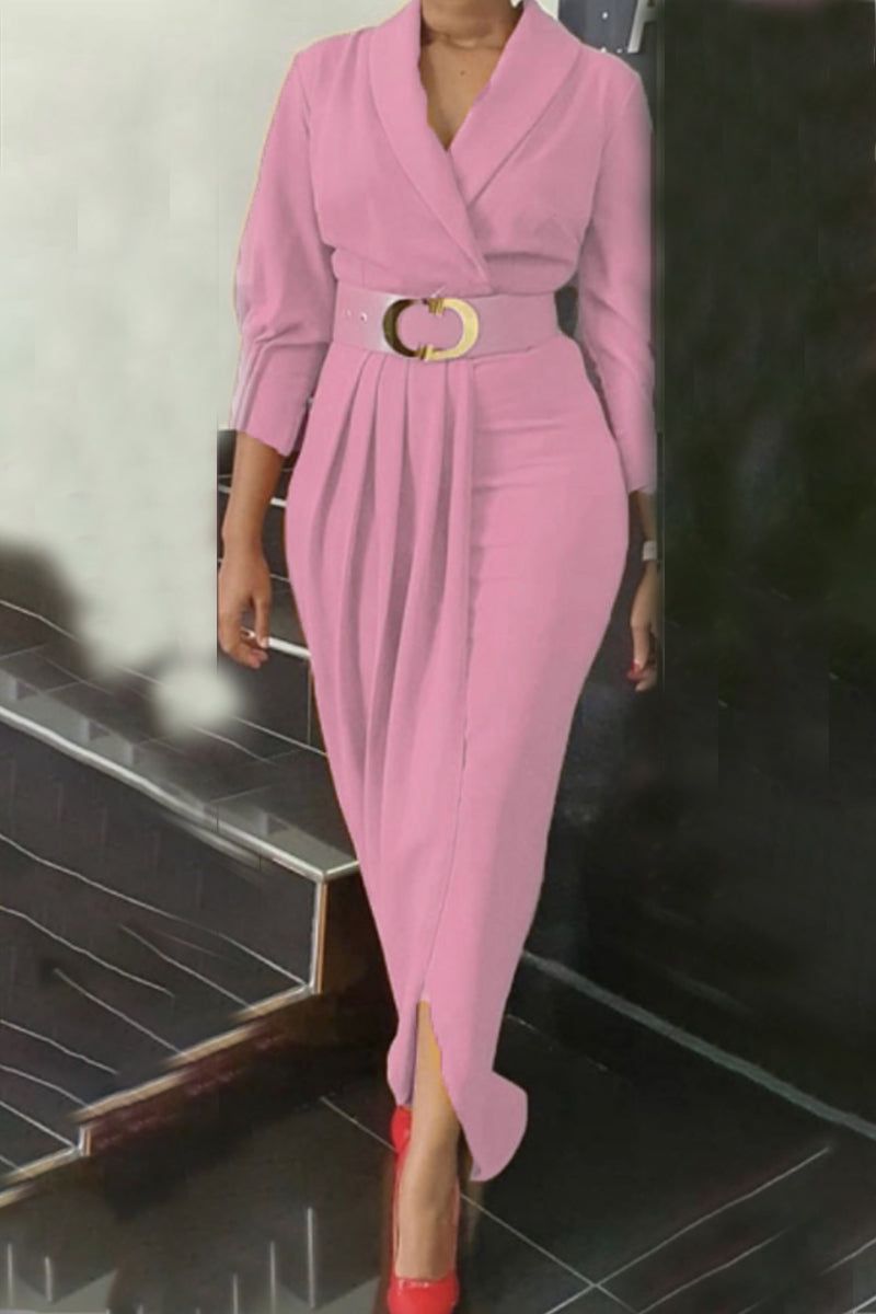 Elegant Solid Patchwork Fold With Belt V Neck Long Sleeve Plus Size Dresses(4 Colors)