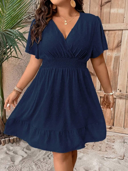 Plus Size V Neck Ruffle Dress With Cinched Waist Fit