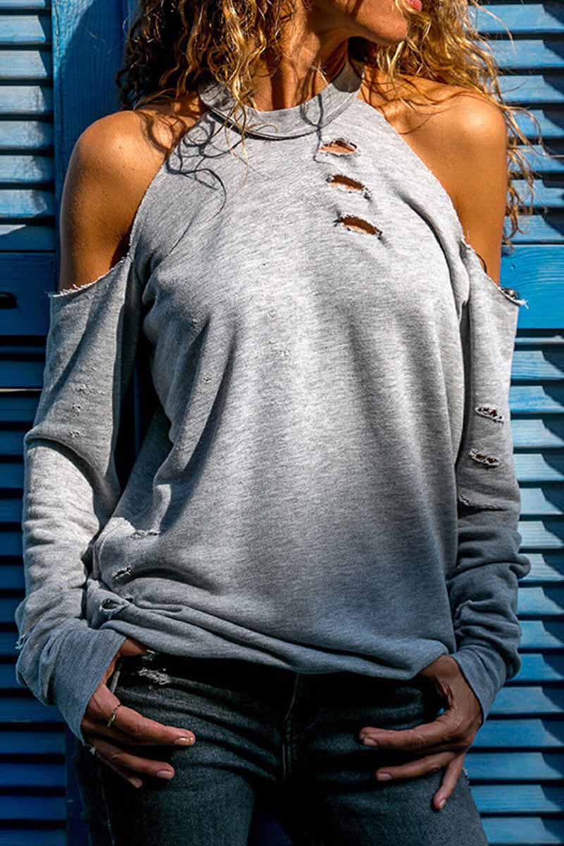 Street Solid Ripped Burn-out O Neck Tops(4 Colors)