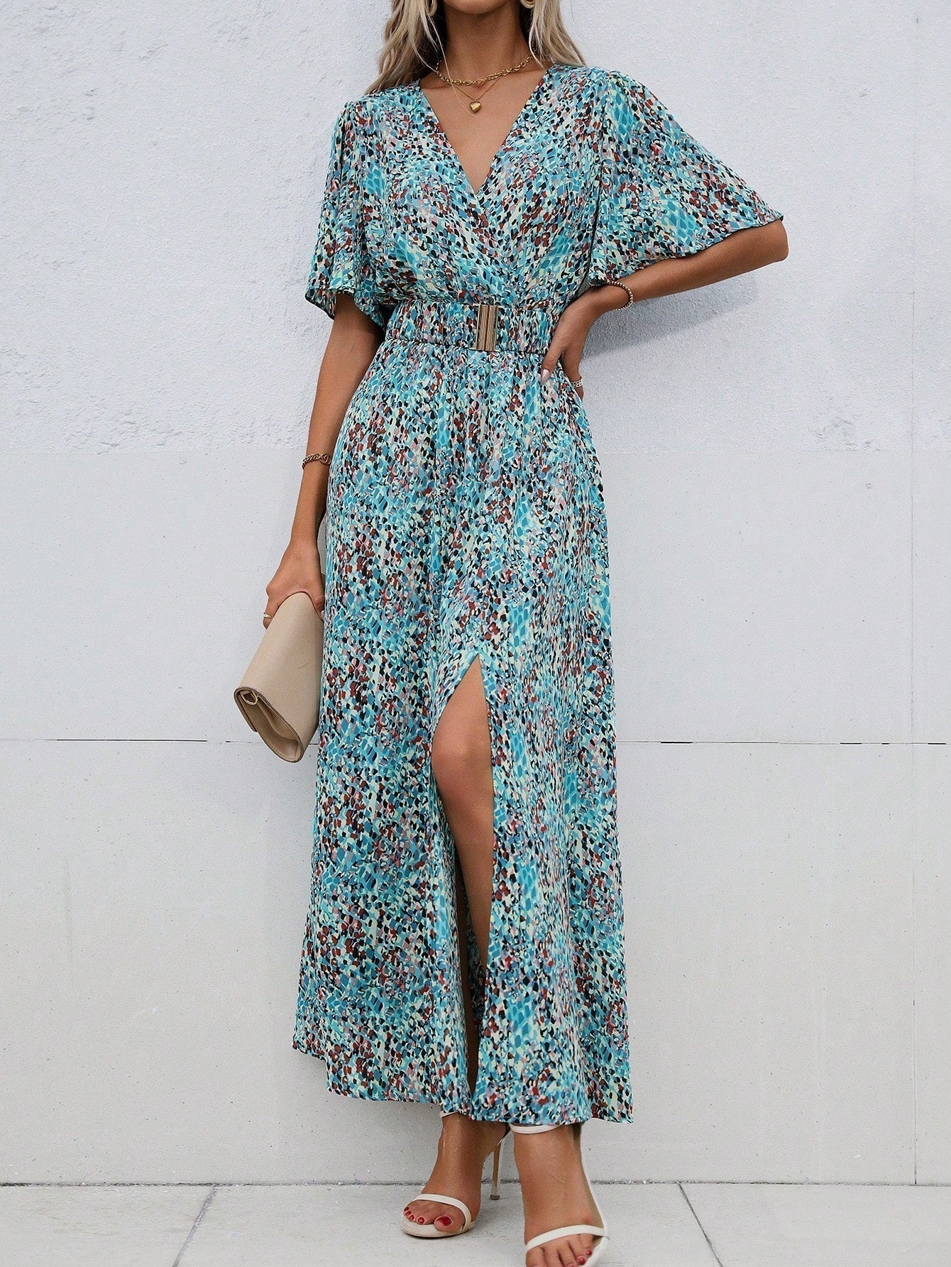 Print Wrap V-Neck Flutter Sleeve Belted High-Slit Maxi Dress