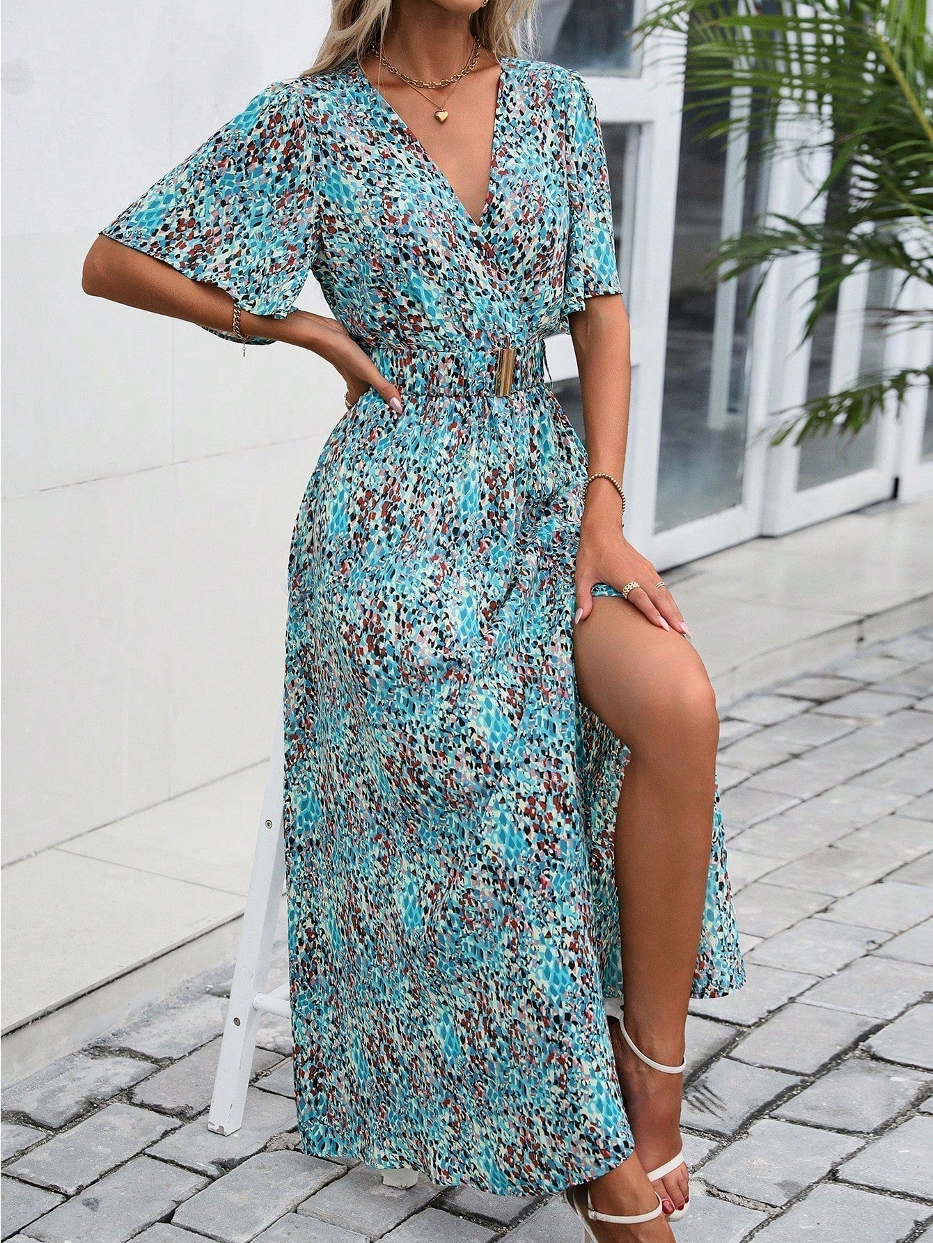 Print Wrap V-Neck Flutter Sleeve Belted High-Slit Maxi Dress
