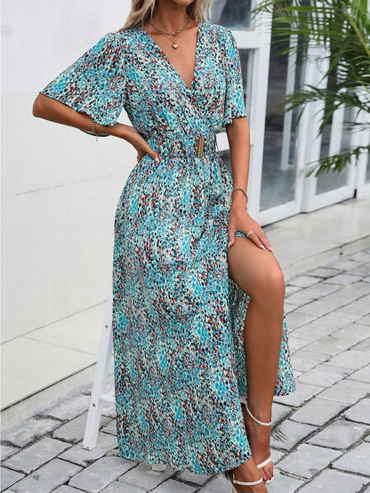 Print Wrap V-Neck Flutter Sleeve Belted High-Slit Maxi Dress