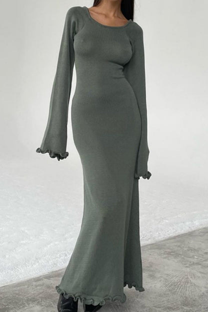 Casual Solid Backless Stringy Selvedge O Neck Long Sleeve Dresses(3 Colors)