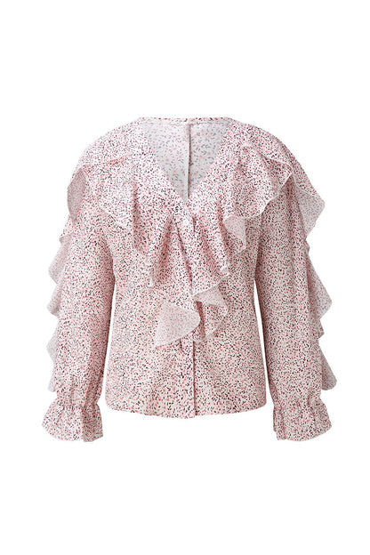 Elegant Print Floral Butterfly Print Patchwork Flounce V Neck Tops(6 Colors)