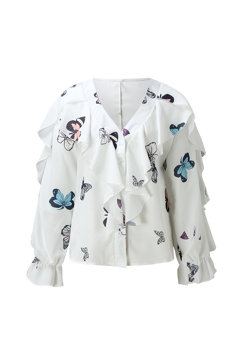Elegant Print Floral Butterfly Print Patchwork Flounce V Neck Tops(6 Colors)