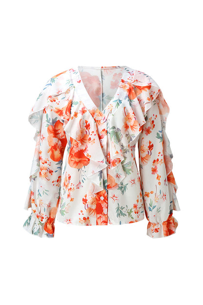 Elegant Print Floral Butterfly Print Patchwork Flounce V Neck Tops(6 Colors)