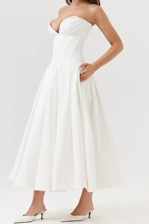Strapless Corset Sweetheart Neckline Pleated Full Skirt Midi Dress
