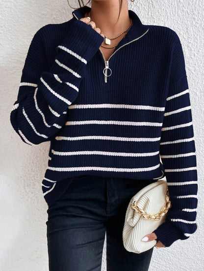 Autumn Striped Zip Up Drop Shoulder Long Sleeve Pullover