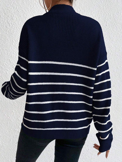 Autumn Striped Zip Up Drop Shoulder Long Sleeve Pullover