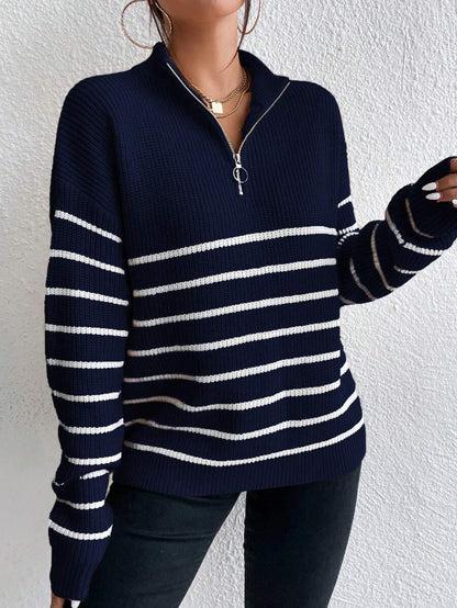 Autumn Striped Zip Up Drop Shoulder Long Sleeve Pullover