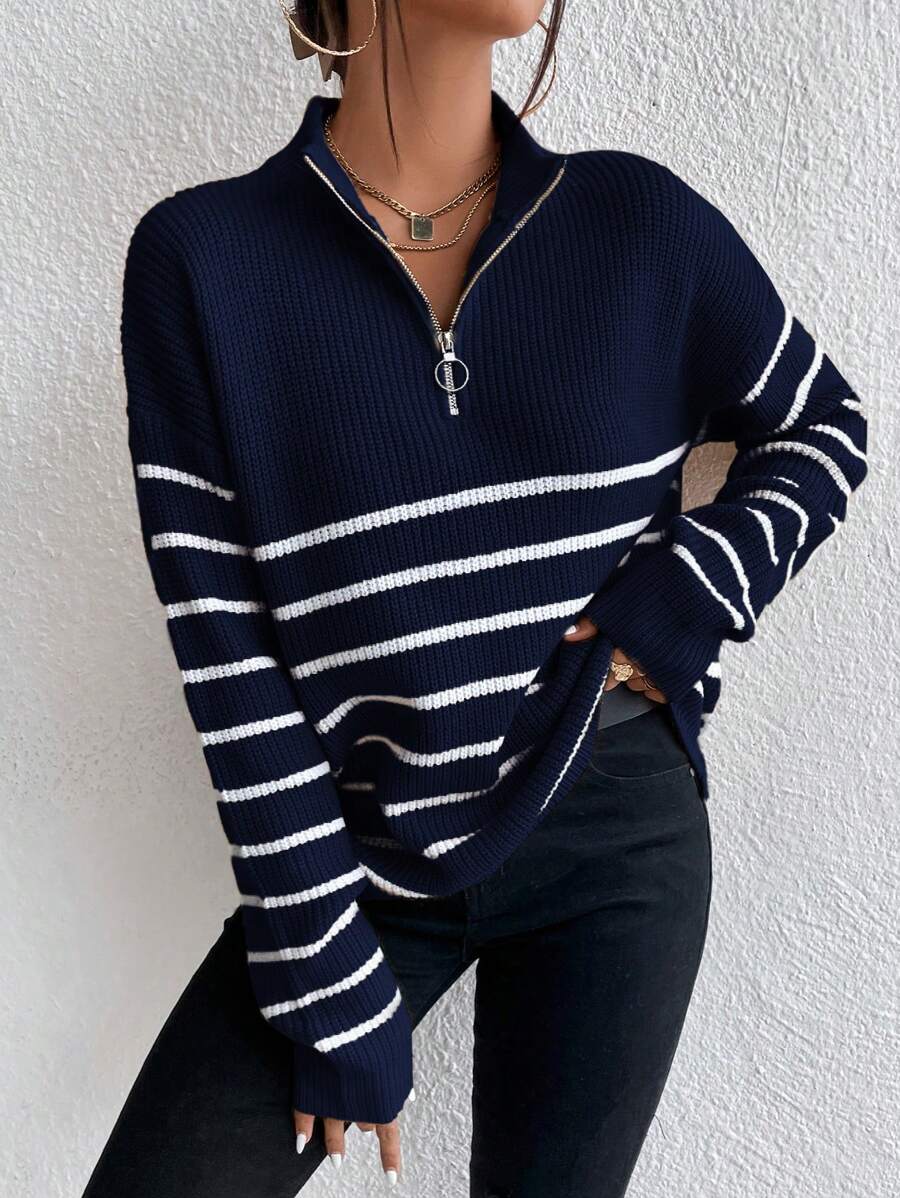 Autumn Striped Zip Up Drop Shoulder Long Sleeve Pullover