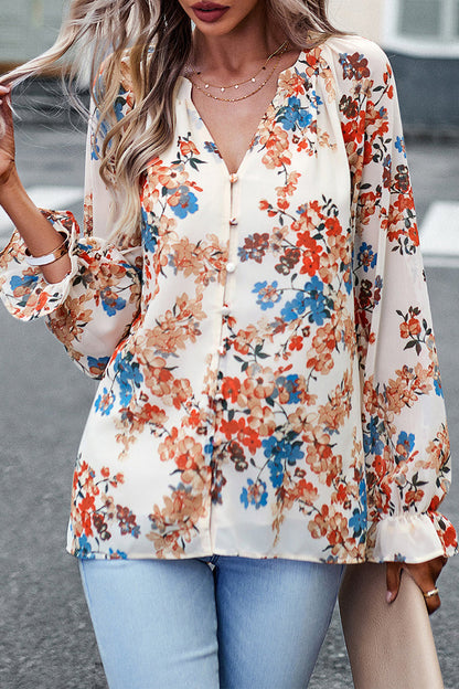 Sweet Elegant Floral Buttons V Neck Blouses(4 Colors)