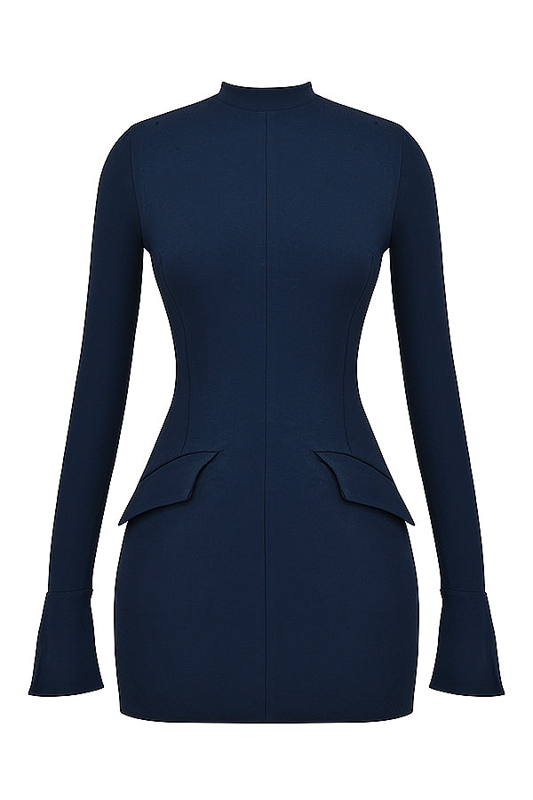 Mock Neck Long Sleeve Flap Pocket Structured Mini Dress