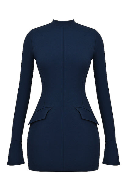 Mock Neck Long Sleeve Flap Pocket Structured Mini Dress
