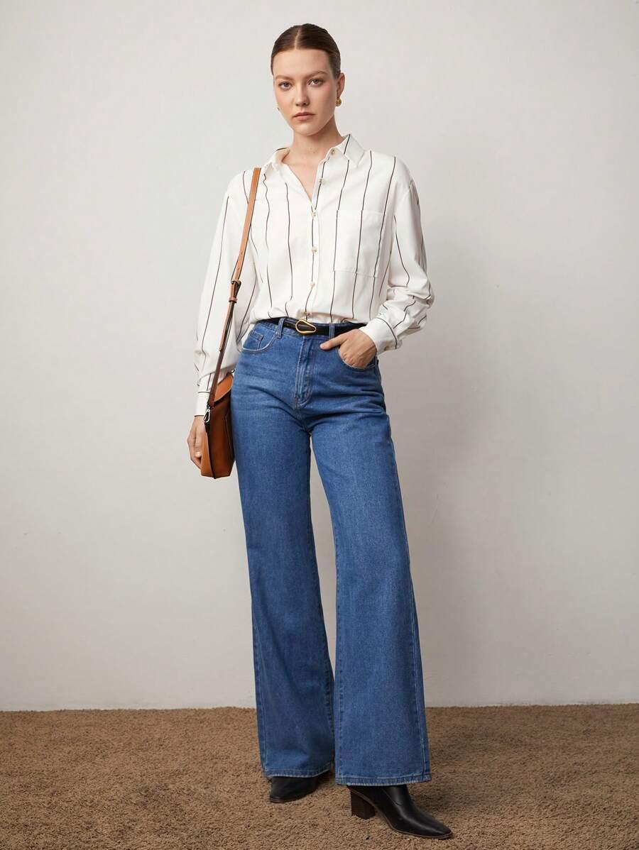 Lapel Button Front Shirt With Pocket Details For Office