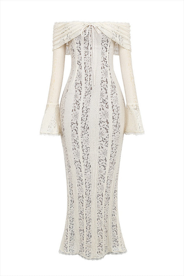 Floral Lace Off Shoulder Bell Sleeve Mermaid Maxi Dress
