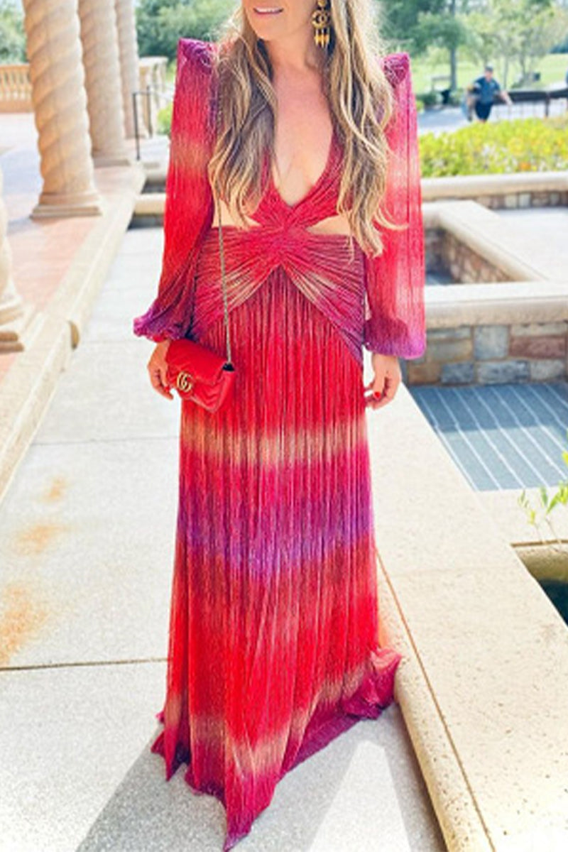 Deep V Neck Cutout Twist Waist Puff Shoulder Pleated Ombré Stripe Maxi Gown