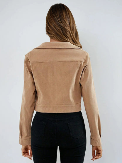 Corduroy Crop Jacket With Flap Pockets Button Front