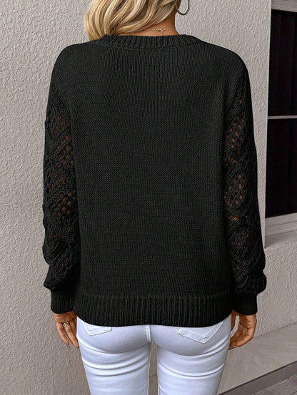 Open Knit V Neck Sweater Drop Shoulder Long Sleeve