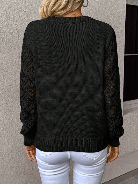 Open Knit V Neck Sweater Drop Shoulder Long Sleeve