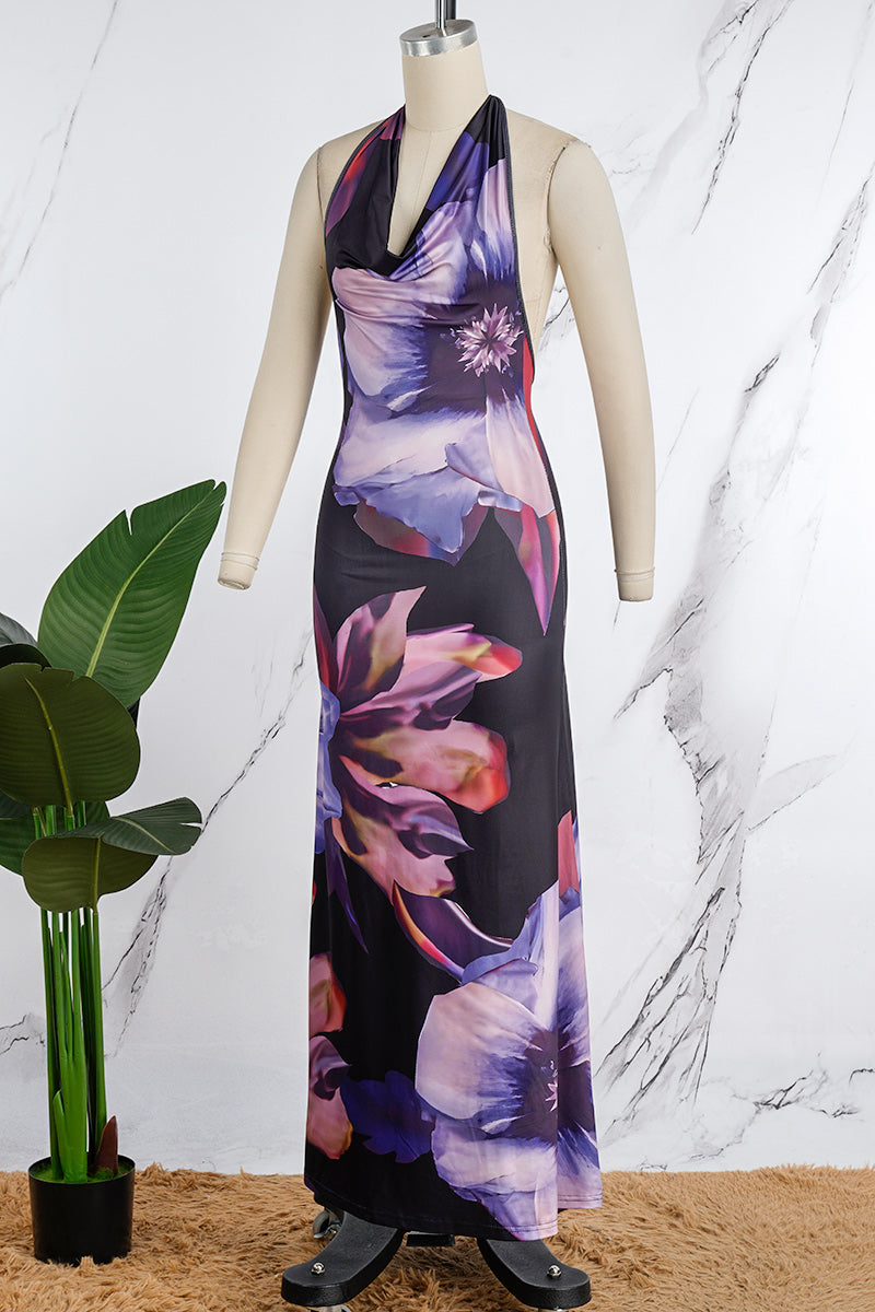 Abstract Floral Print Halter Neck Backless Maxi Dress