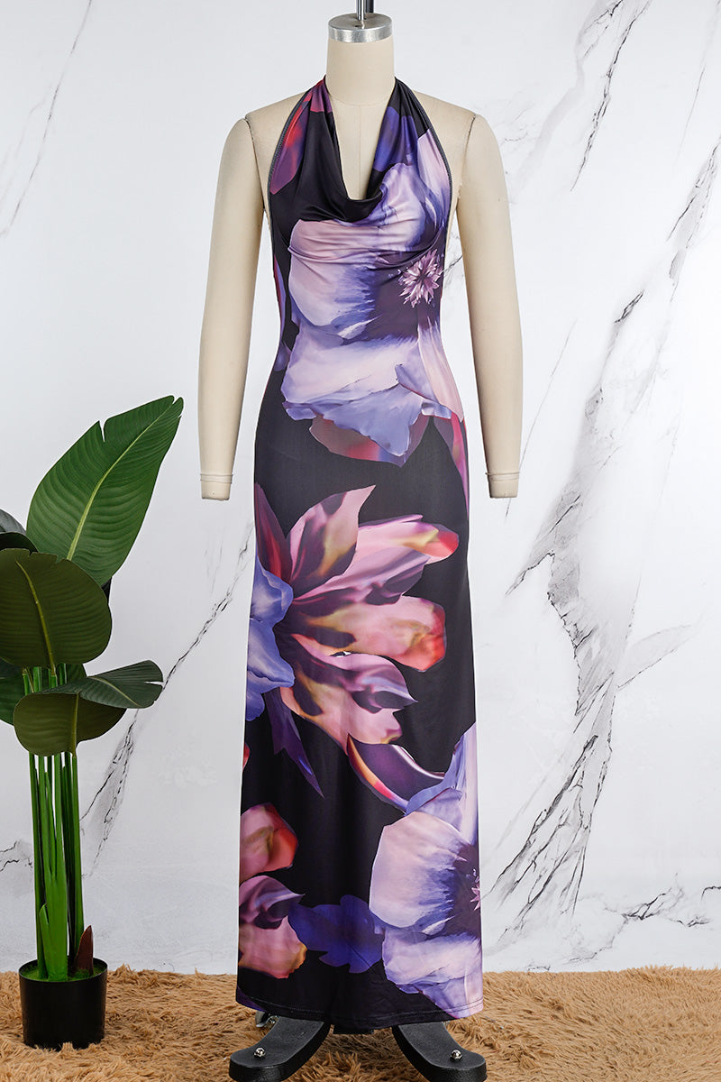 Abstract Floral Print Halter Neck Backless Maxi Dress