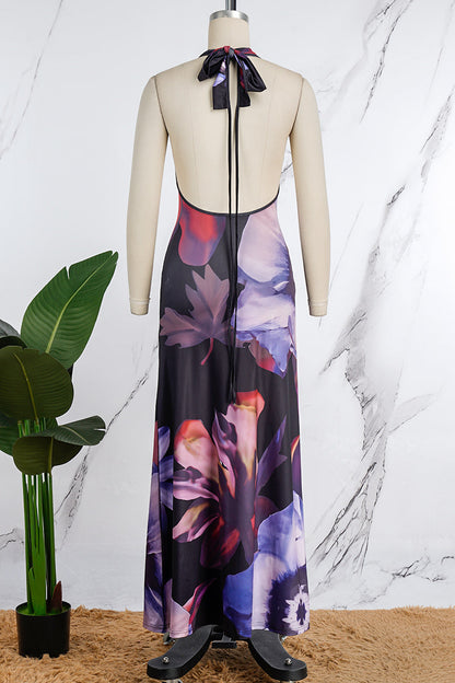 Abstract Floral Print Halter Neck Backless Maxi Dress