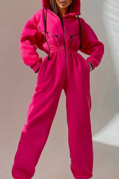 Street Solid Patchwork Hooded Collar Jumpsuits