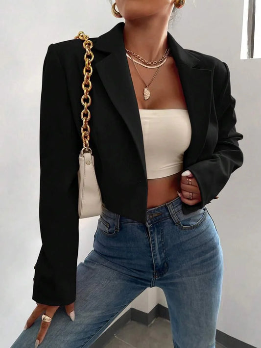 Lapel Neck Single Button Blazer Luxe Woven Crop Fit