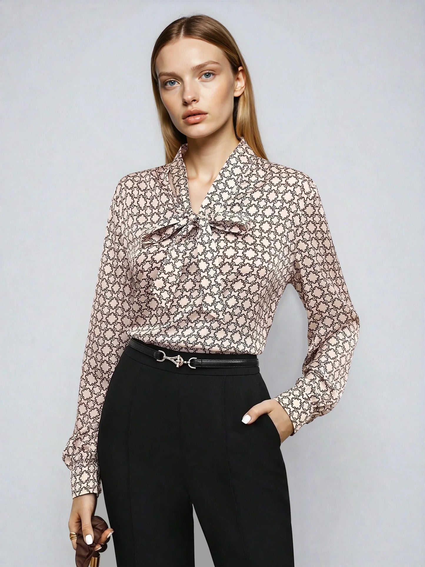 Satin Blouse Allover Print Tie Collar Loose Fit Elegant