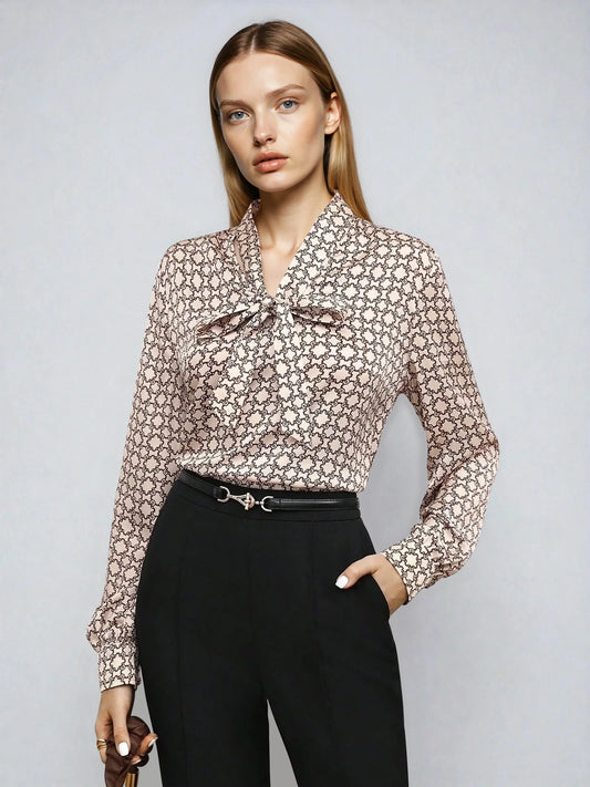 Satin Blouse Allover Print Tie Collar Loose Fit Elegant