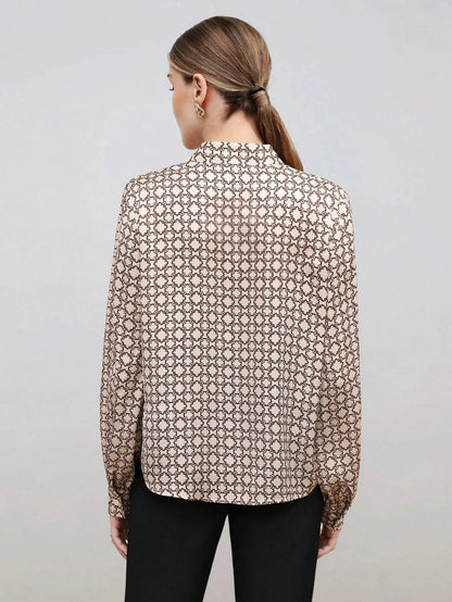 Satin Blouse Allover Print Tie Collar Loose Fit Elegant