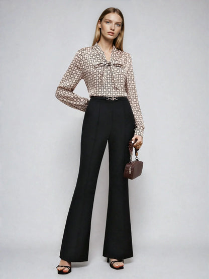Satin Blouse Allover Print Tie Collar Loose Fit Elegant