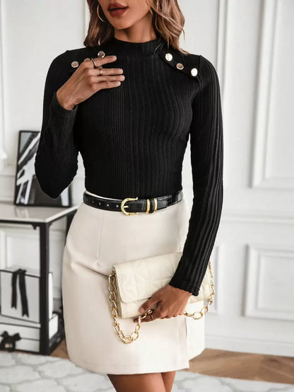 Burgundy Stand Collar Button Detail Slim Fit Long Sleeve Rib Knit Tee For Office And Casual