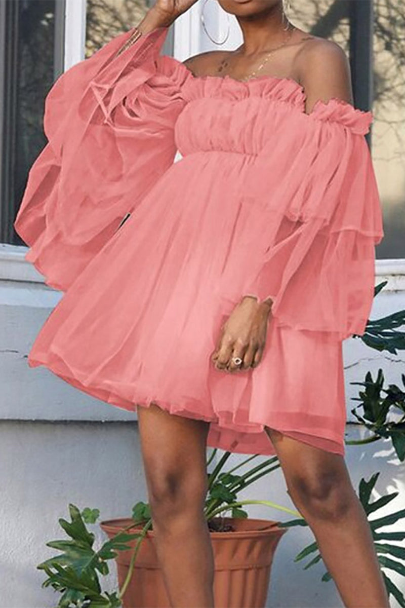 Off-the-Shoulder Tiered Lantern Sleeve Ruffle Babydoll Mini Dress