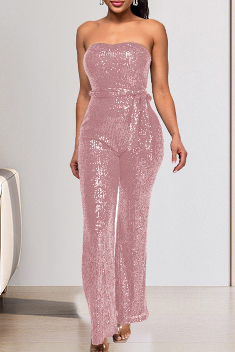 Street Solid Bandage Sequins Patchwork Strapless Regular Jumpsuits(5 Colors)