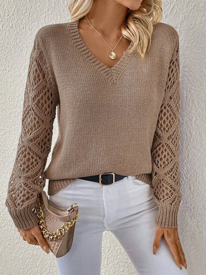 Open Knit V Neck Sweater Drop Shoulder Long Sleeve